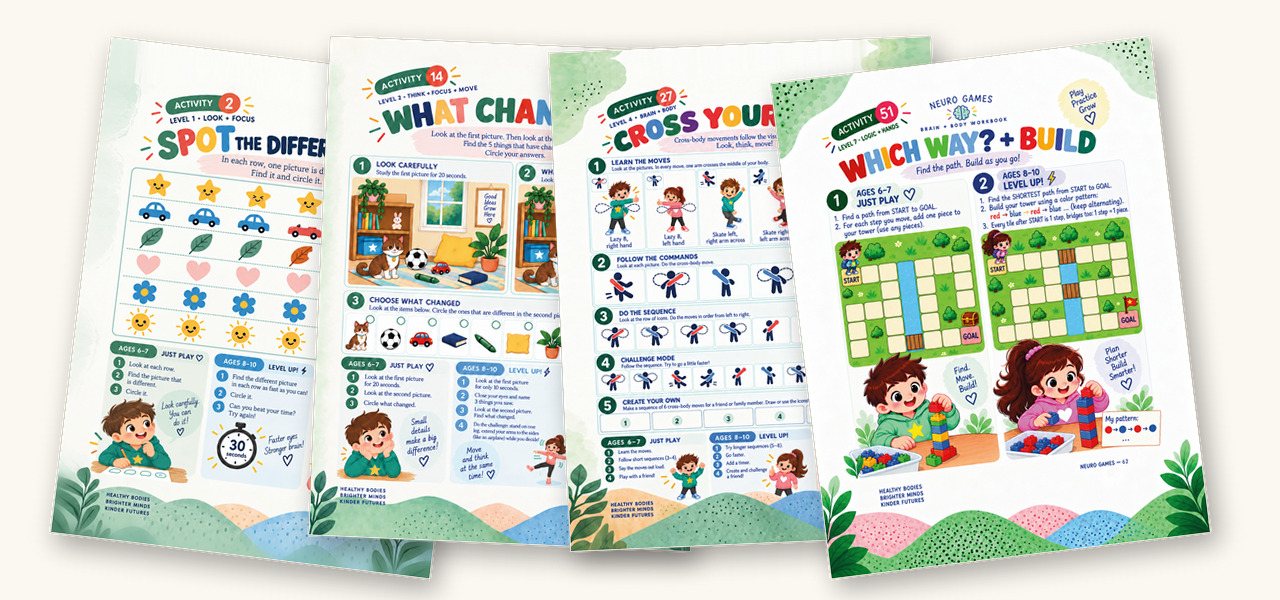Four Neuro Games activity pages fanned out: puzzles, mazes and movement games