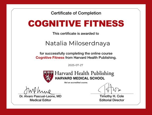 Cognitive Fitness online course certificate, Harvard Health Publishing