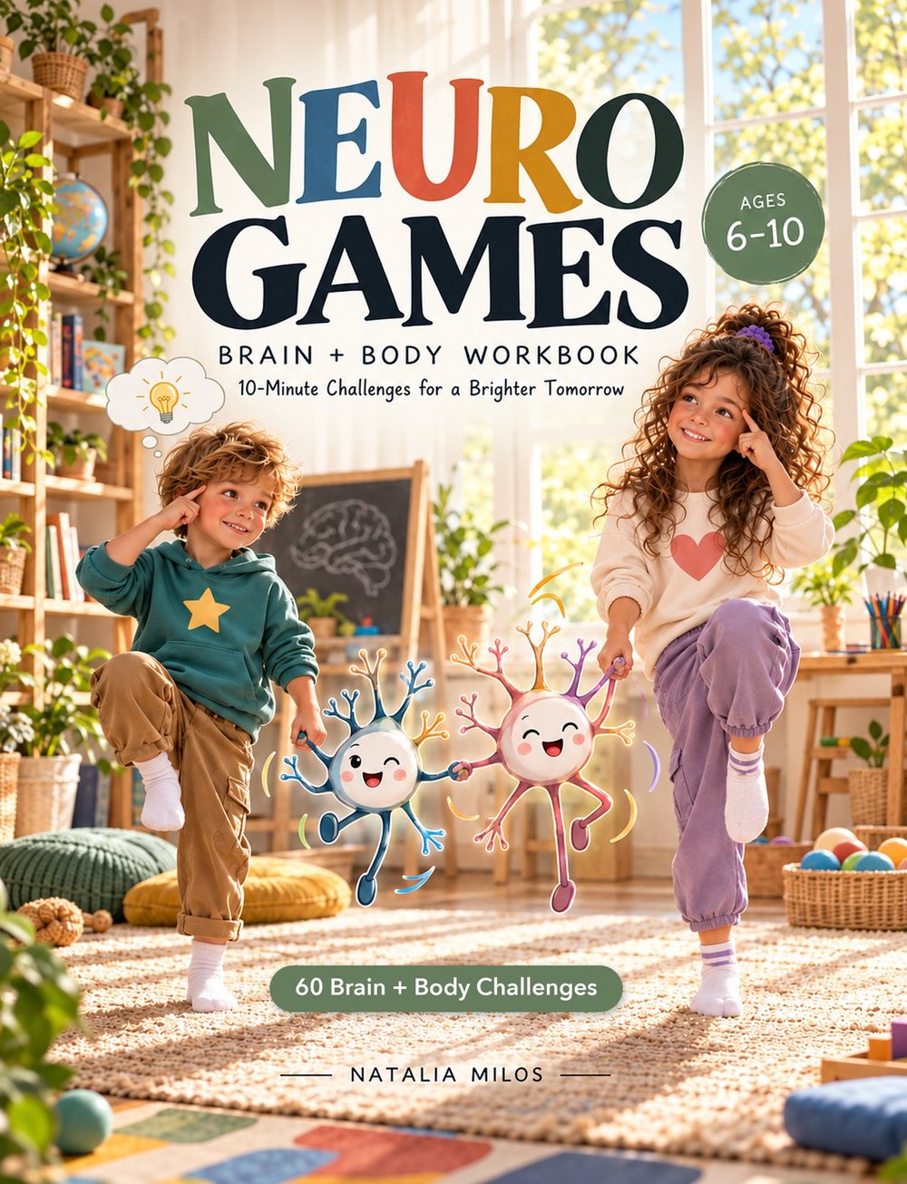Neuro Games — Brain + Body Workbook cover: two kids balancing in a sunny playroom