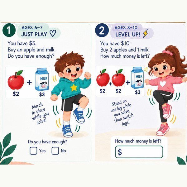 Two activity cards: kids march and balance while solving price sums