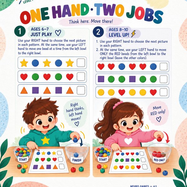 Workbook page One Hand · Two Jobs: kids follow patterns and move beads